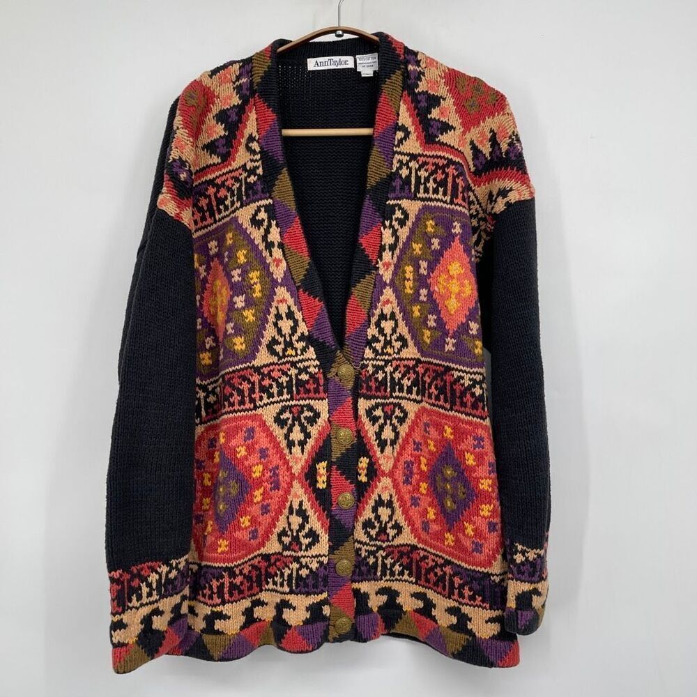 Vintage Ann Taylor Cardigan with a multicolor geometric pattern